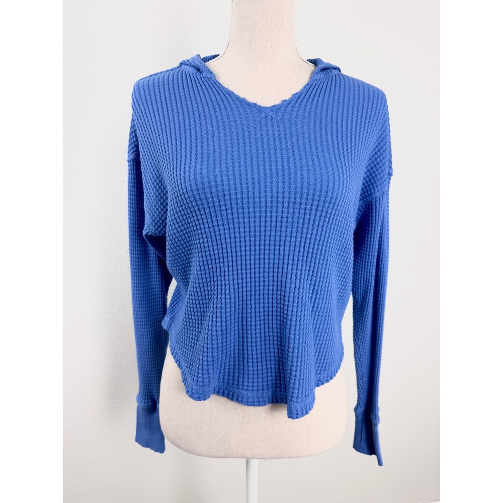 OFFLINE by Aerie Wow! Waffle Hoodie Blue Textured V-Neck Long Sleeve Pullover